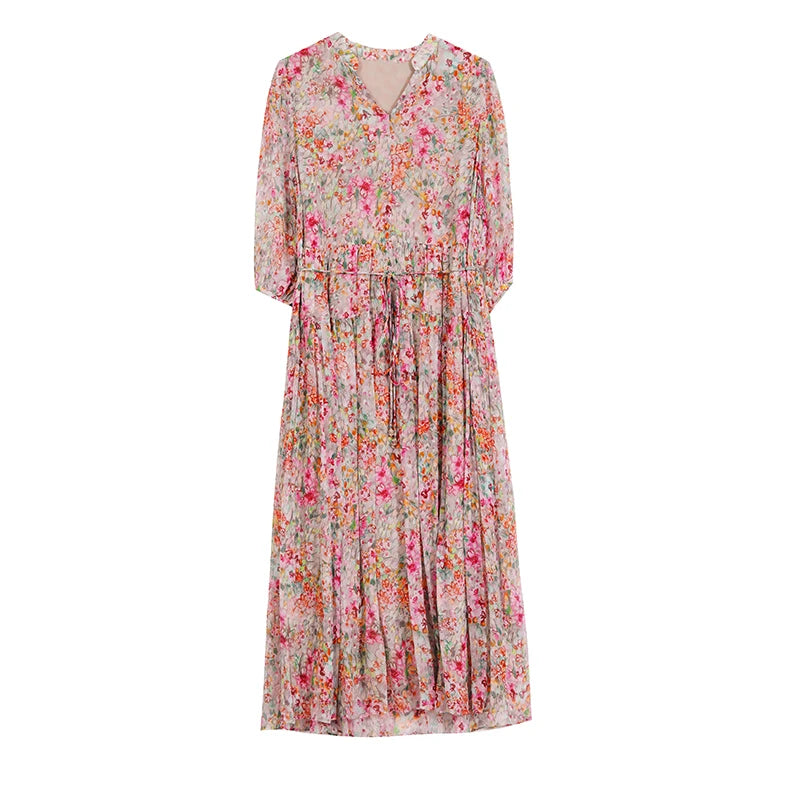 Summer Floral Silk Chic Ruffled V-Neck Long Dress